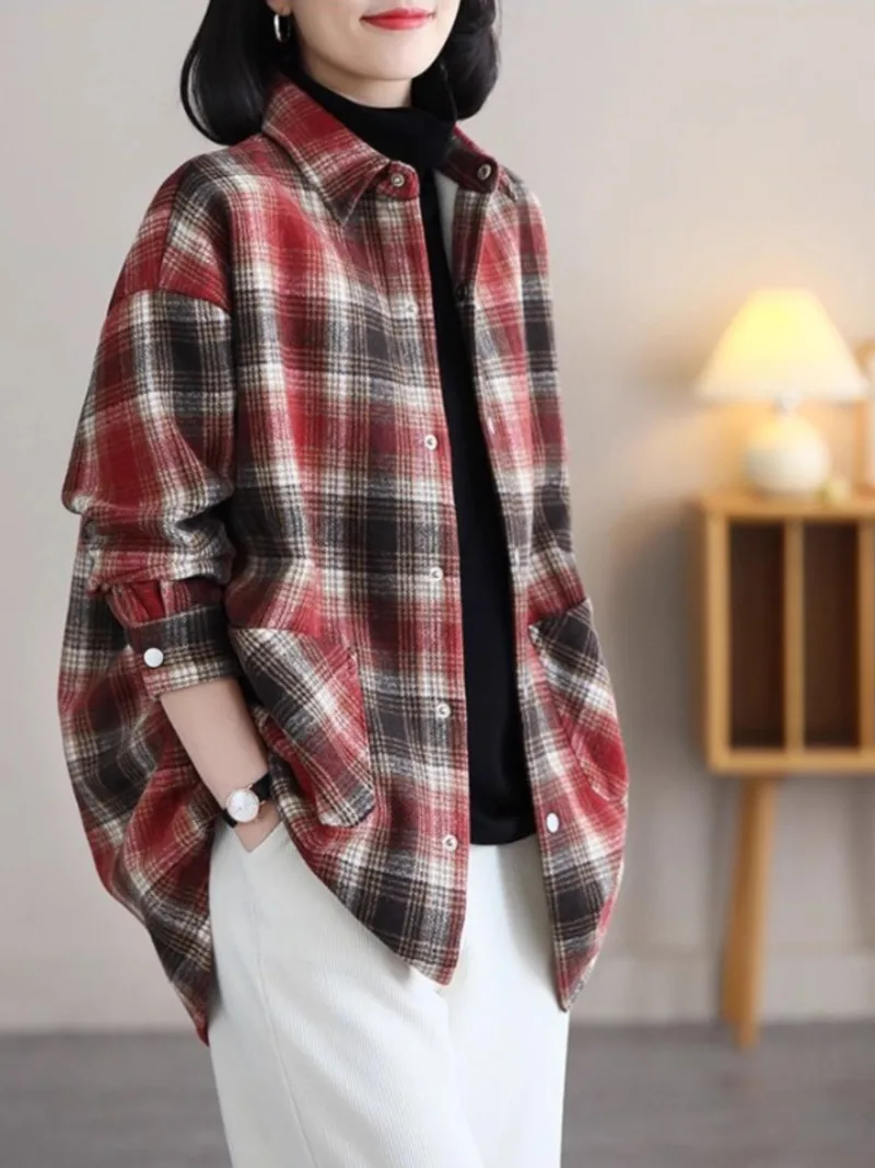 Retro Plaid Foreign Style Loose and Thin Lapel Collar Piled Thick Polished Top Shirt Jacket For Women