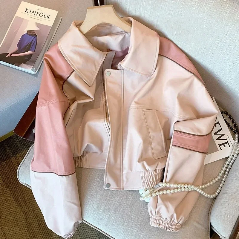 

Locomotive Style Pink Patchwork PU Leather Jacket For Women's Spring Autumn Student Fashion Commuting Short Style Slimming Jacke