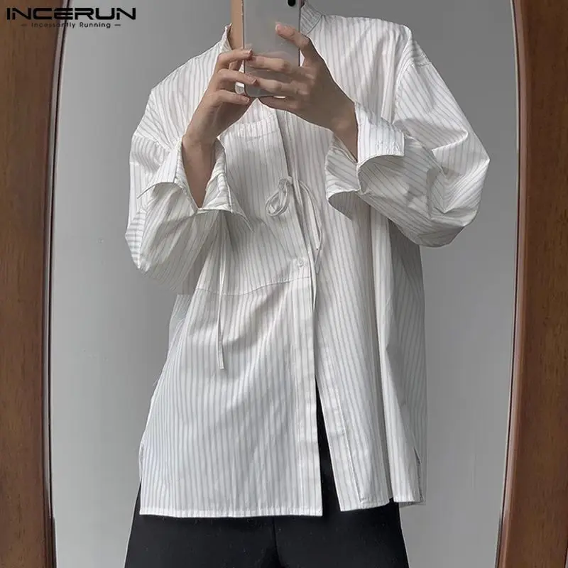 INCERUN Men Striped Shirt Ruffle Stand Collar Long Sleeve Lace Up Men Clothing Loose Streetwear Fashion Casual Shirts 2024 S-5XL