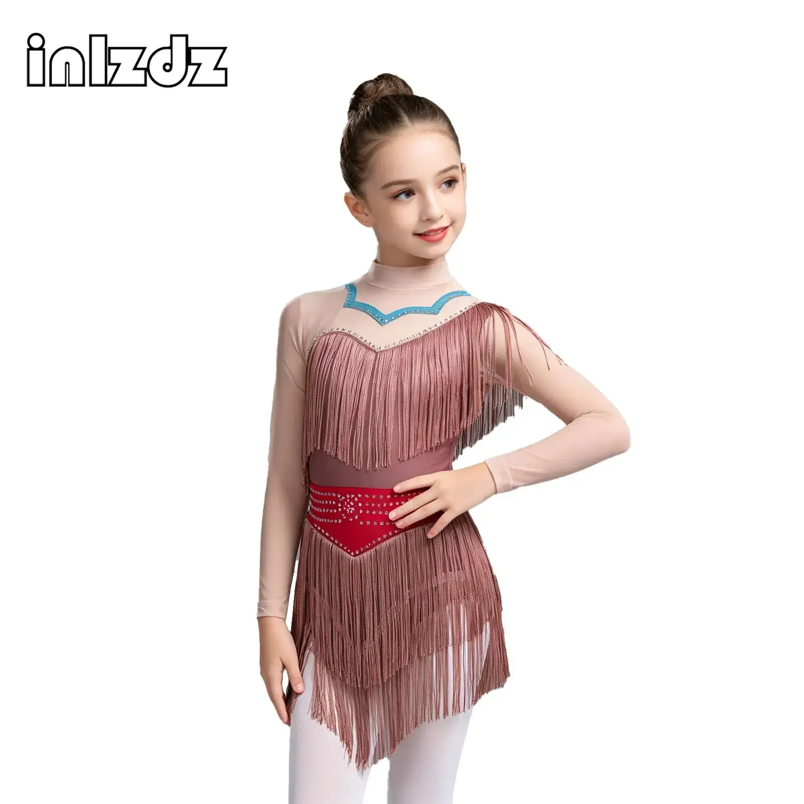 

Girls Indian Dance Dress Rhinestone Latin Tango Dance Leotard Dress Patchwork Tassel Fringe One Piece Bodysuit Dress Dancewear
