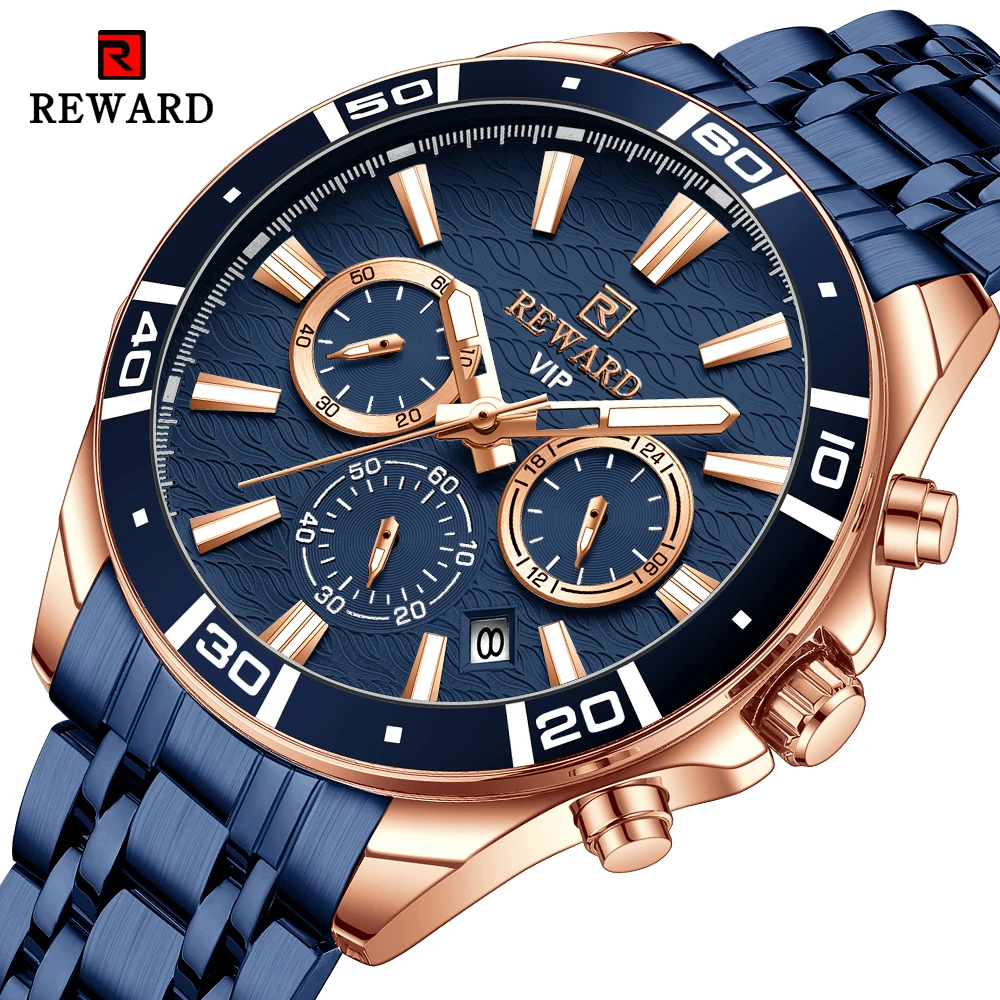 REWARD New Mens Watches Stainless Steel Luxury Waterproof Chronograph Luminous Wrist Watch Fashion Men Sports Quartz Watch