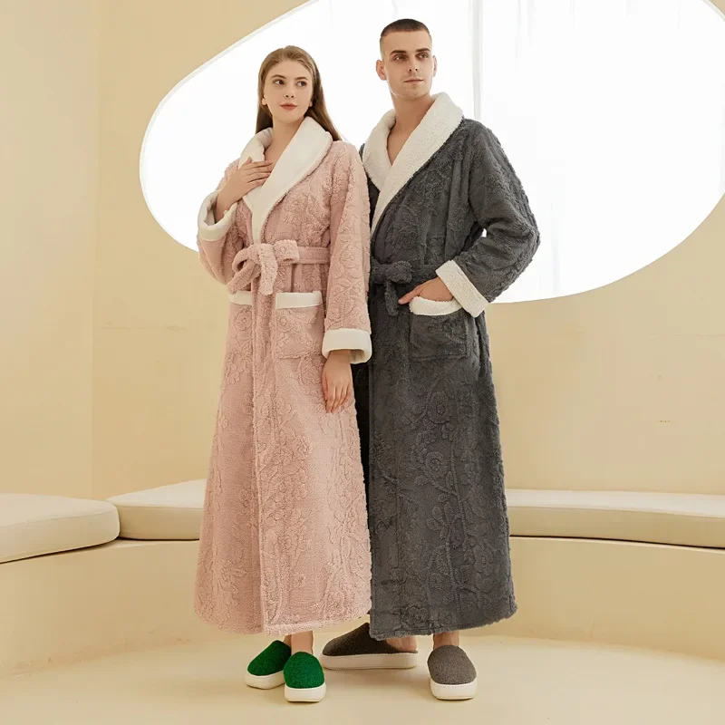 Plus Size 3XL Winter Warm Coral Fleece Bathrobe Women Men Flannel Dobby Kimono Bath Robe Bridesmaid Dressing Gown Wedding