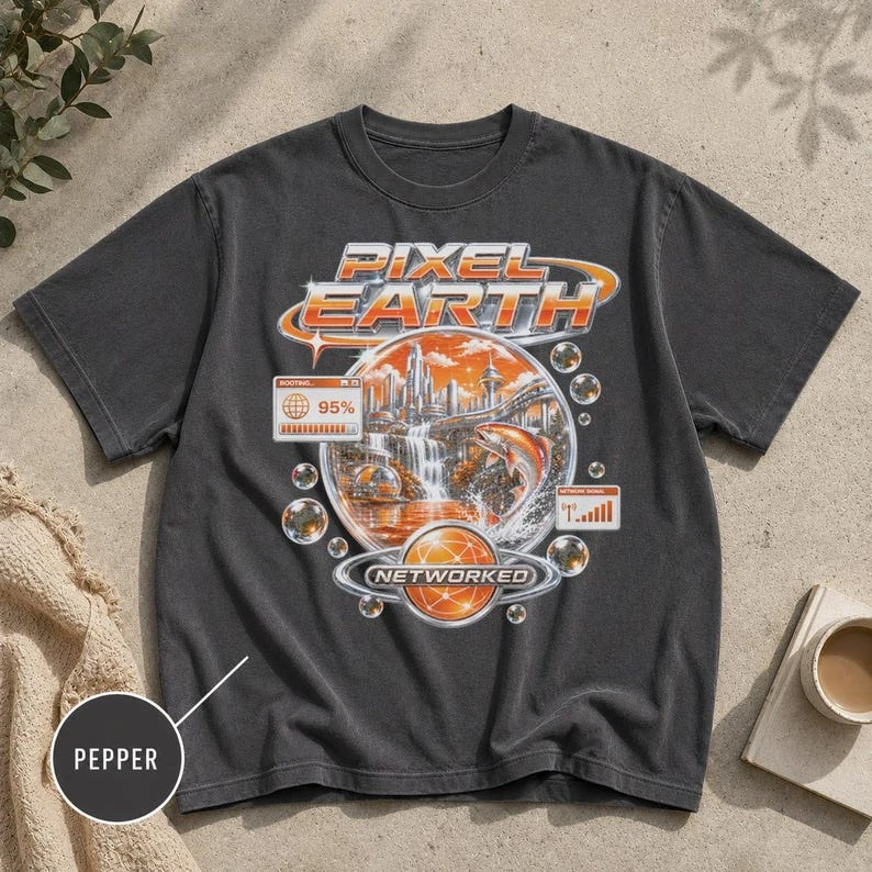Y2K Frutiger Aero Shirt, Pixel Earth Graphic Tee, Webcore Retro Internet Aesthetic Vintage T Shirt T Shirt for Men