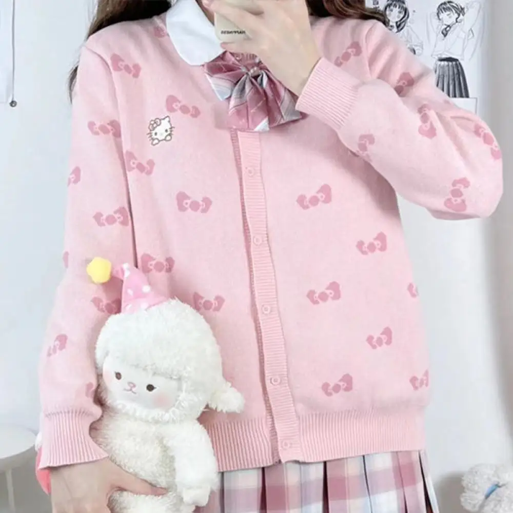 

Sanrio Kawaii Cardigan Sweater Anime Hello Kitty Sweet Girls Studenr Cartoon Bow Tops Lovely Long Sleeve Knitted Sweater Coat
