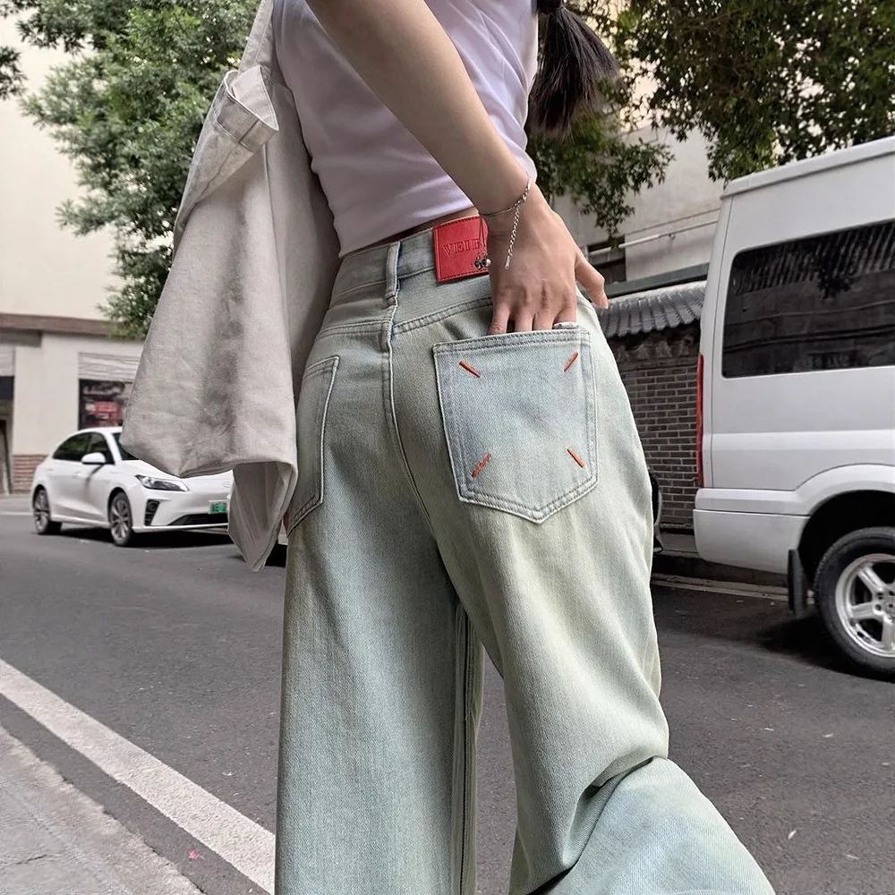 

Chinese-style wide-leg jeans, popular summer new model, loose-fitting blue high-waisted floor-length straight pants,