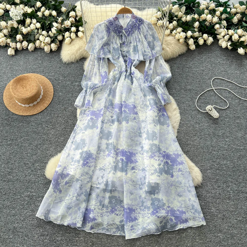 

Винтажное элегантное платье с длинными рукавами и цветочной вышивкой, повседневное французское женское модное осенне-весеннее платье