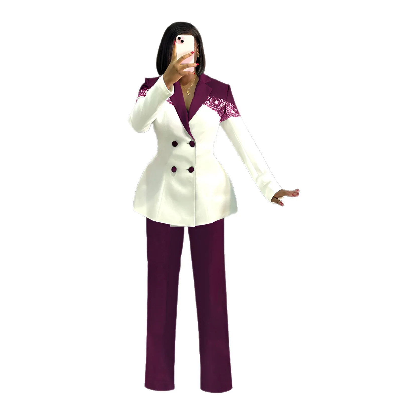 2026 recém chegados rendas apliques terno feminino duas peças conjunto moda botões duplos mangas compridas casaco e calças roupas senhora do escritório