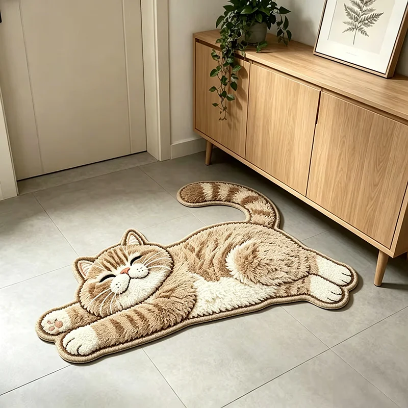 VIKAMA Cute Tabby Cat Door Mat Brown Kitten Stretching Shape Welcome Rug Bathroom Kitchen Floor Mat Non Slip Soft Decor
