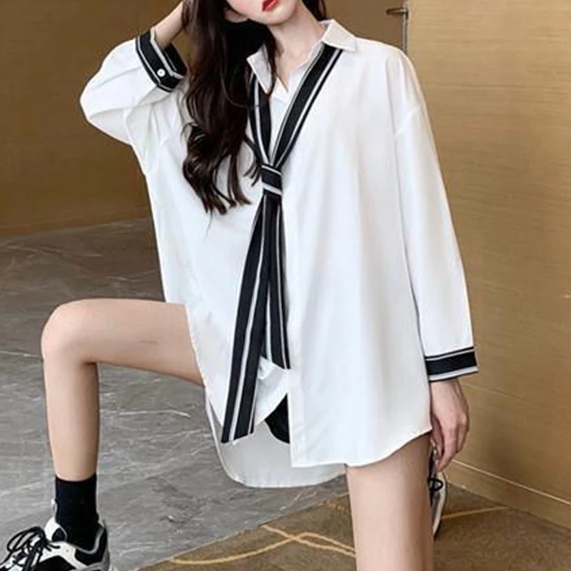 Women Korean Fashion Lace Up Chic Elegant Shirts Casual Streetwear Oversized Harajuku Blouses Female Y2K Solid Long Sleeve Tops