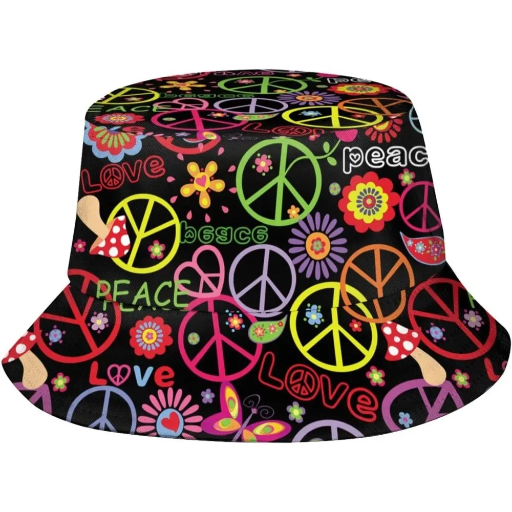 Hippie Peace Sign Fisherman Cap Summer Unisex 60s 70s Hip Hop Printing Bucket Hat Outdoor Gardening Beach Hiking Fishing Caps