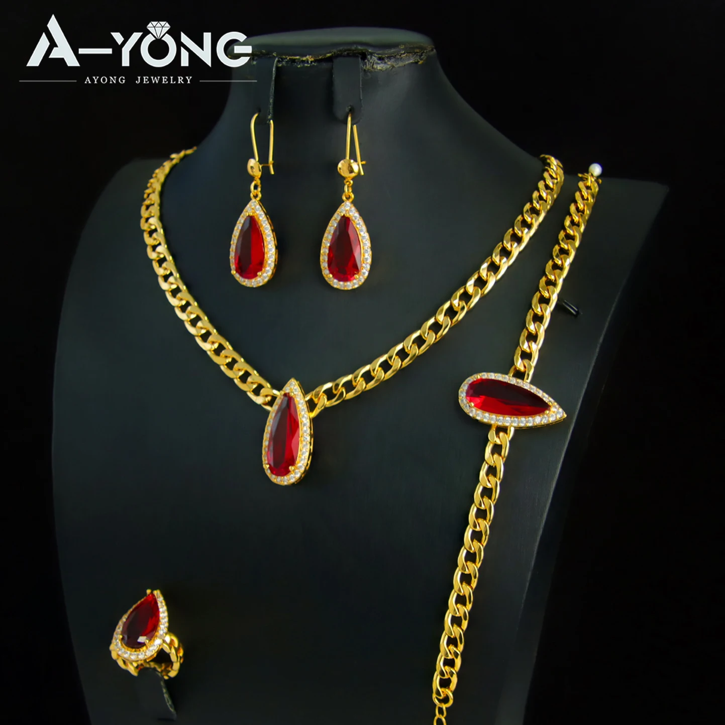 Nigeria Wedding Jewelry Set 21k Gold Plated Multi-color Zirconia Water-drop Pendant Necklace Algeria Bridal Vintage Jewelrys
