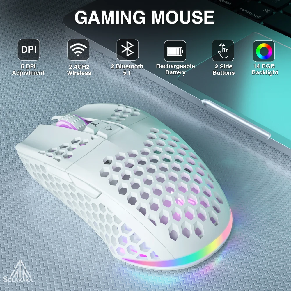 SOLAKAKA-SM600 Mouse sem fio para jogos, Bluetooth 5.0, 2.4G, DPI 3200, RGB, laptop, escritório, desktop