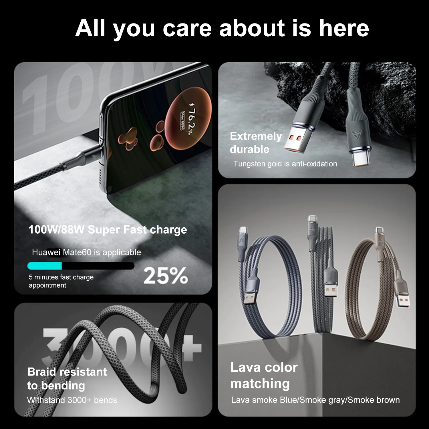 3M/2N/1.5M/1M/0.25M 120W USB Type C Cable 6A Surper Fast Charging Cable for Huawei Xiaomi OPPO ViVo USB C Braided Data Cable
