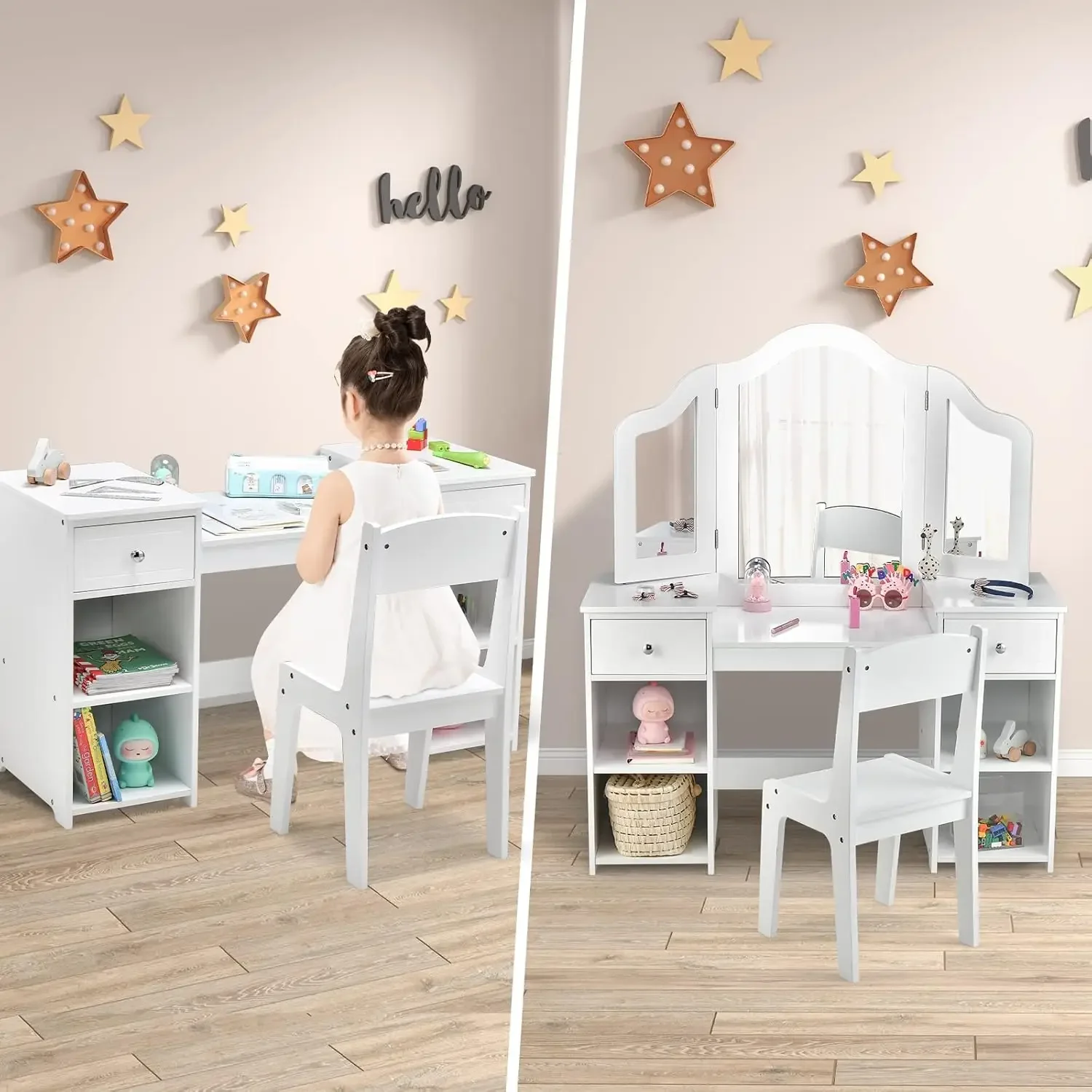 AKUSTIK Kids Vanity, mesa de maquiagem princesa de madeira 2 em 1 e cadeira para crianças com espelho removível triplo dobrável, desenho de armazenamento