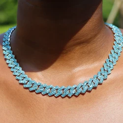 Iced Out Blue Crystal Cuban Link Chain Necklace for Women Men HipHop Color Rhinestones Paved Miami Cuban Necklace Rapper Jewelry