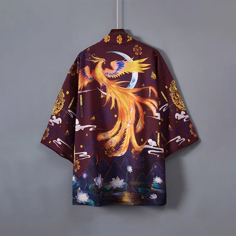 

New Chinese-Style Retro Loose-Fitting Three-Quarter Sleeve Phoenix Print Kimono Cardigan Summer Personalized Street Beach Cover-Up Sun Protection Clothing