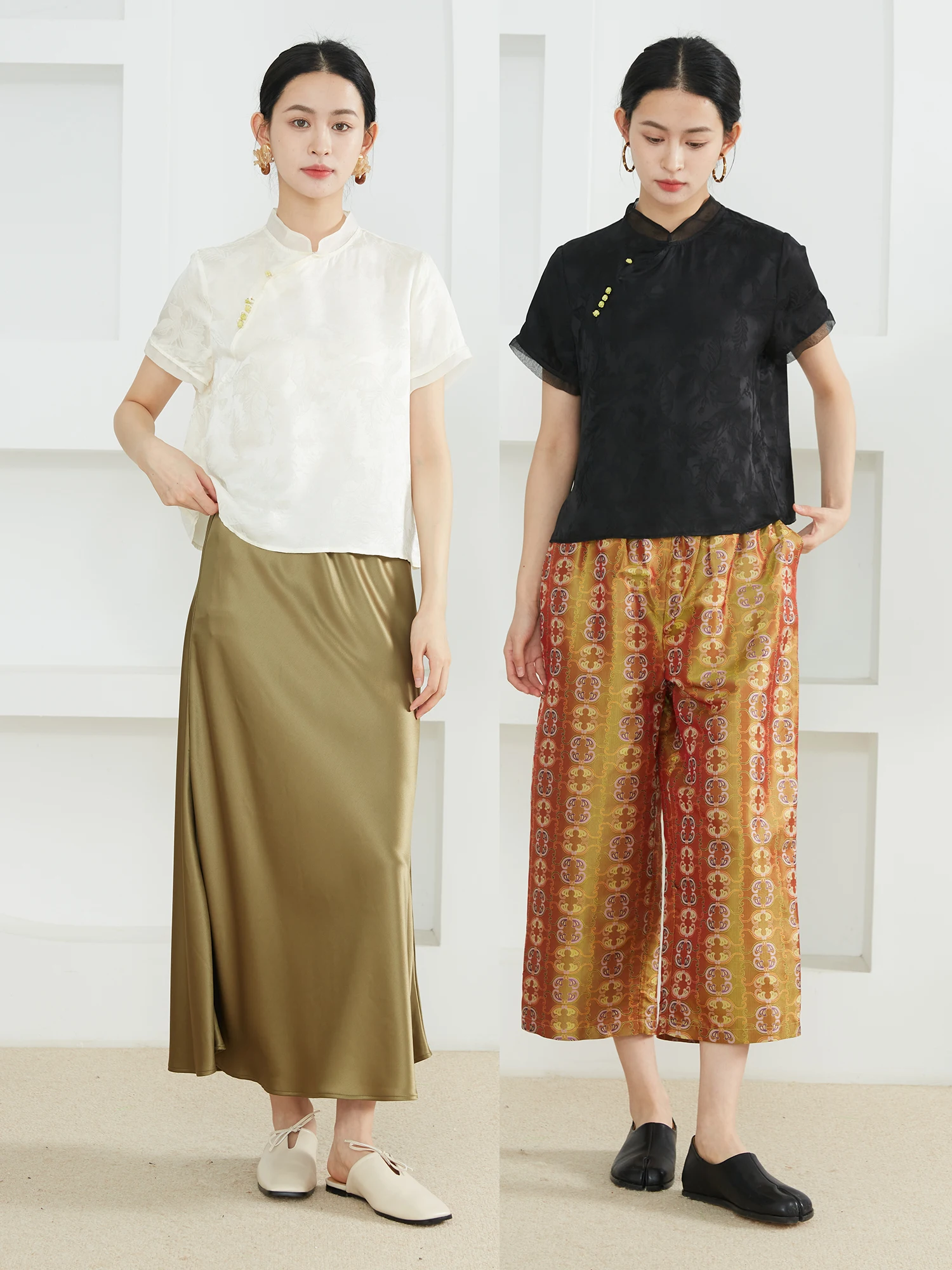 

Silk Georgette Patchwork ort Sve Traditional Chinese Sle Women's Top 00% Silk Stand Collar Asymmetrical Hem