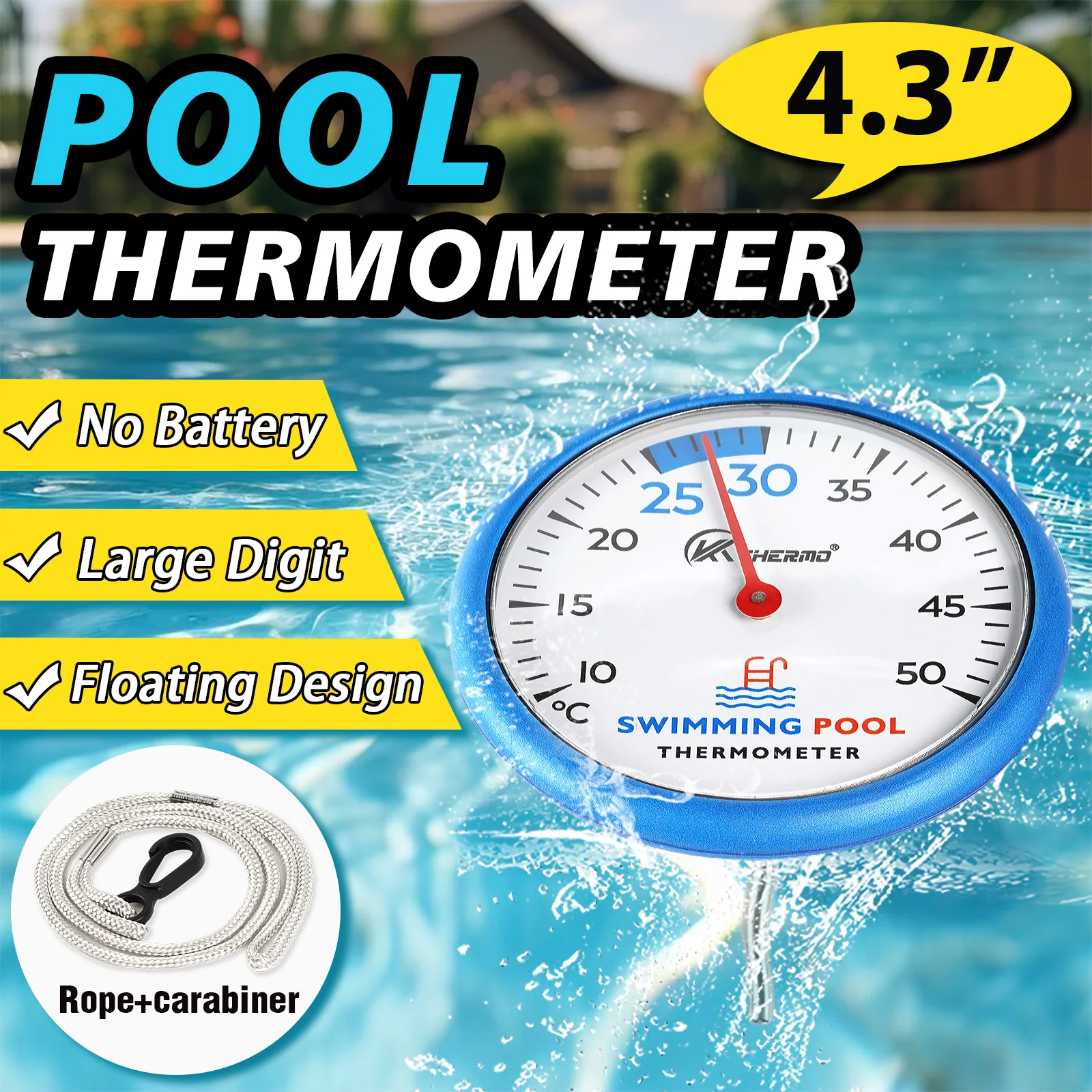 

Swimming Pool Thermometer 4.3" – No Battery Swimming Pool Water Temperature Gauge with Rope & Suction Cup