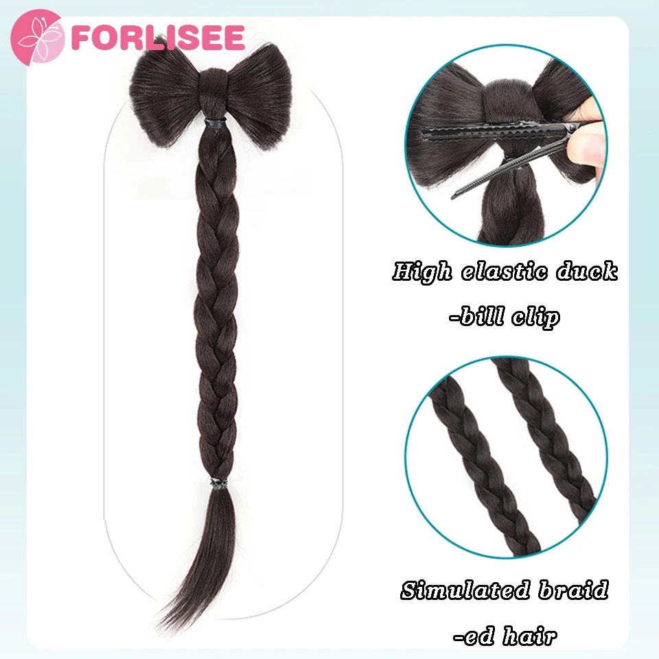 FORLISEE Synthetic Bow Tie Half-tied High Ponytail Wig Braid Claw Clip Hair Bun Head Wig Twist Braid Ponytail