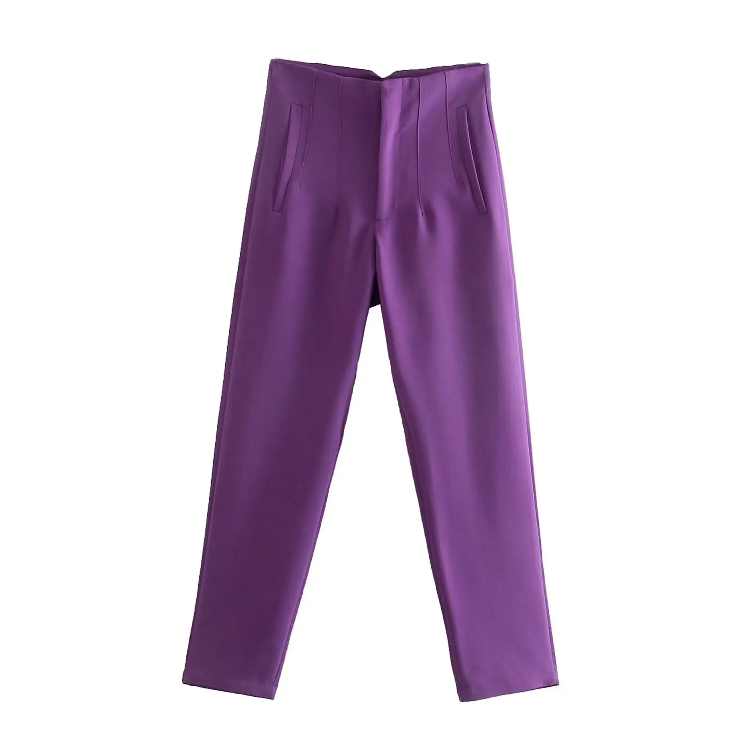 Straight Leg Pants High Waist Full Length Vintage Trousers for Women - Purple