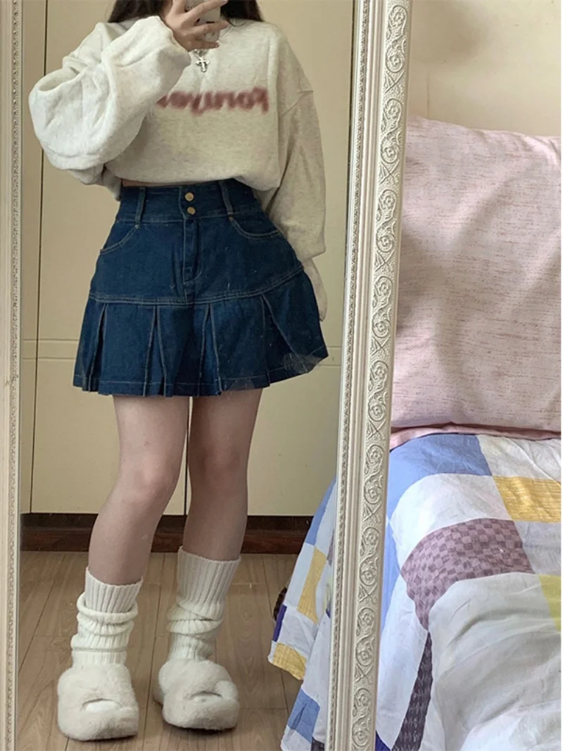 High Waist Pleated Denim  Skirt Women plus Size Conceal Belly Slim A-Line ort Skirts Summer Vintage Korean Sle
