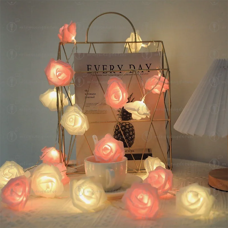 LED Rose Flower String Lights, Battery Powered Festival Fairy Lights Wedding Valentine Garden Decor