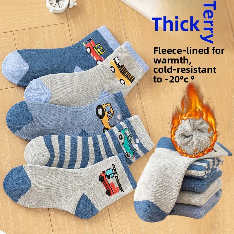 5 Paar Kinder-Socken mit Frottee-Schlaufe, thermisch gefüttert, mittlere Wadensocken, Winter, warm, verdickt, Bodensocken für Jungen und Mädchen, kaltes Wetter