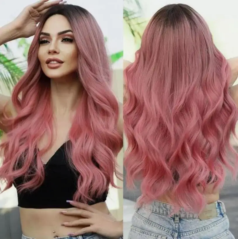 Long Pink Ombre Synthetic Wig for Women Wavy Wigs Fashion Pink Wavy Wigs Natural