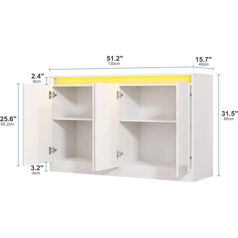 خزانة بوفيه مقاس 51 بوصة مع 4 أبواب، وخزانة قهوة جانبية عالية اللمعان مع أضواء LED، وكابينة تخزين جانبية حديثة بدون يد