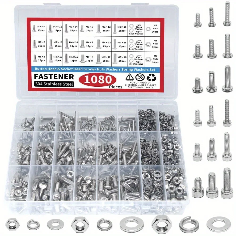 Fastener combination kit, suitable for machine screws of M3, M4, and M5 sizes, including metric screws with round heads