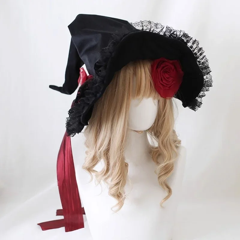 Nieuwe Gothic Handgemaakte Harajuku Magische Hoed Vrouwen Tovenaar Strik Fluwelen Kant Cosplay Kostuum Lolita Halloween Donkere Heksenhoed