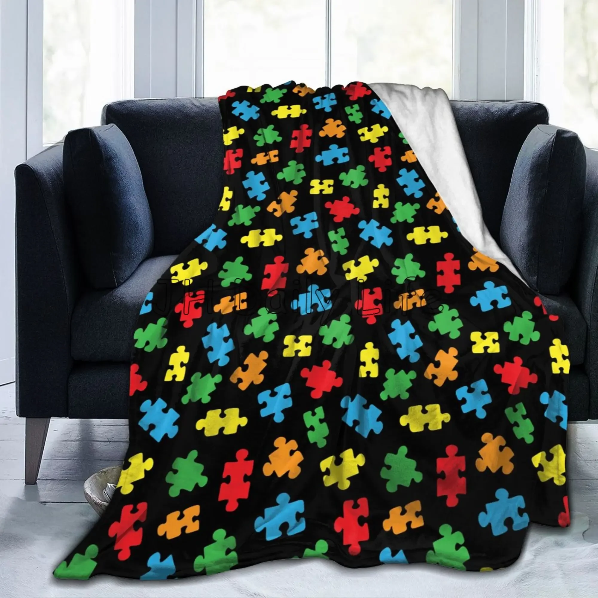 Comfortable Flannel Fleece Blanket Soft Warm Colorful Autism Awareness Puzzle Pieces Blankets Lightweight Cozy Fuzzy Throws