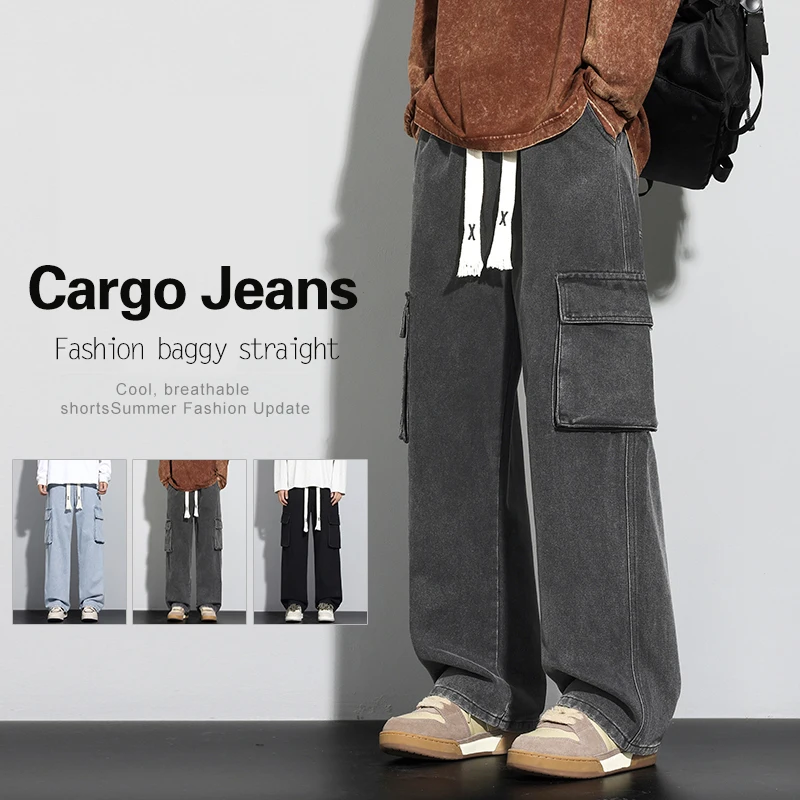 

Fashion Large Pockets Cargo Jeans Men Loose Straight Elastic Waist Denim Trousers Vintage High Street Hip Hop Male Trousers