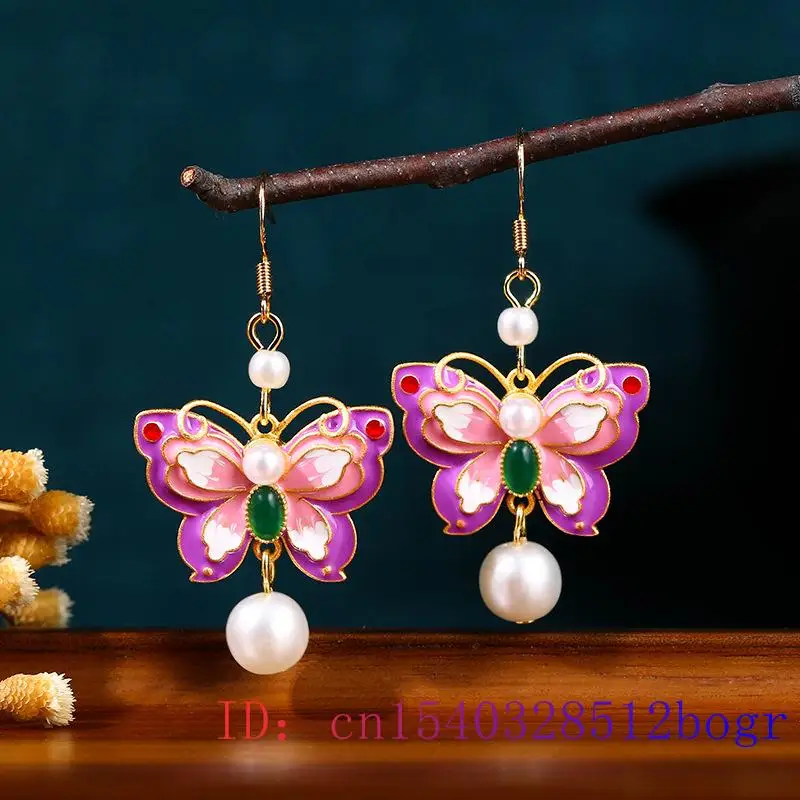 White Real Pearl Earrings Vintage Accessories Luxury Women Gemstone 18K Gold Plated Natural Jewelry Energy Butterfly Fashion