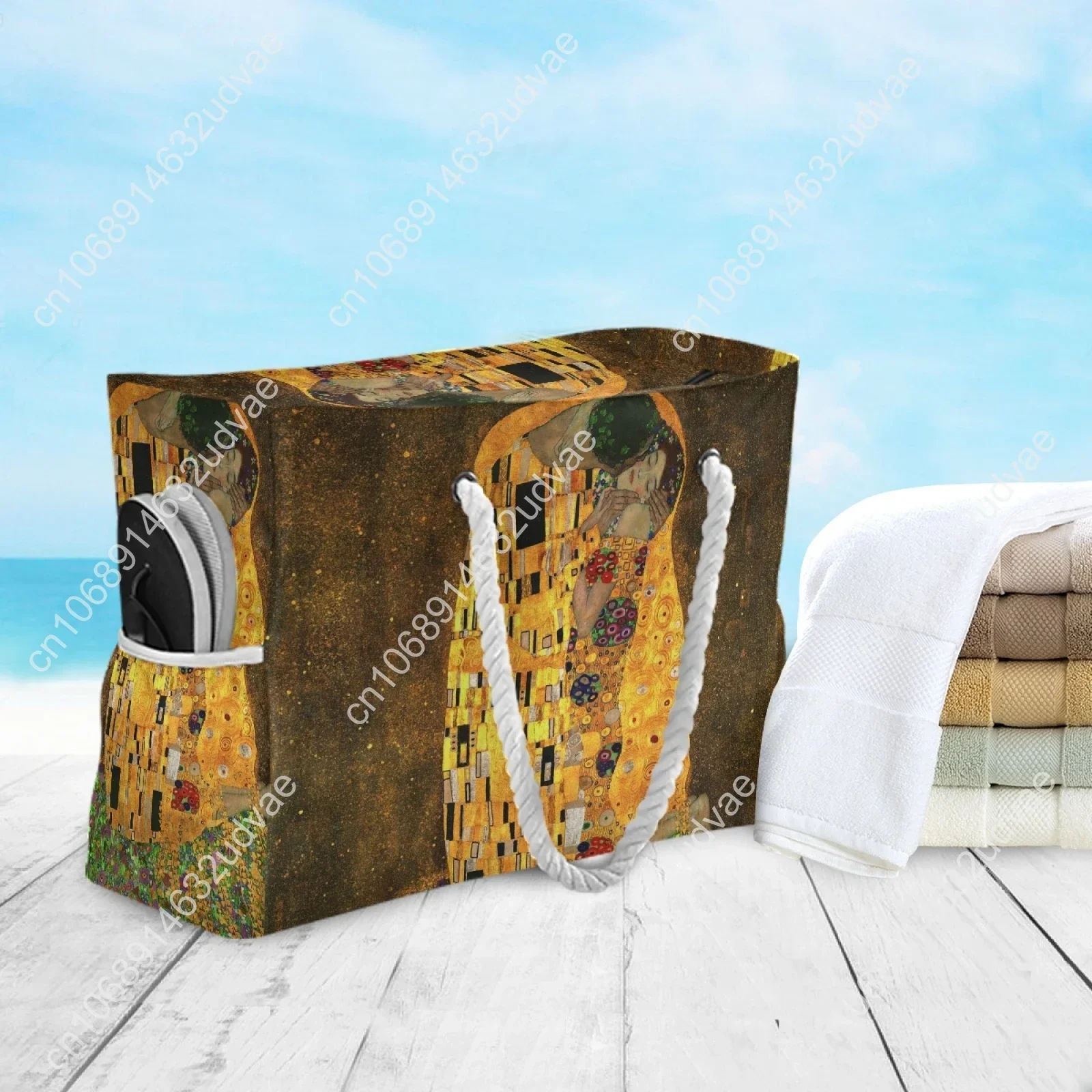 New Fashion Nylon Women Handbag Summer Beach Bag Large Capacity Tote Bag The Kiss By Gustav Klimt Print Shoulder Bag For Women