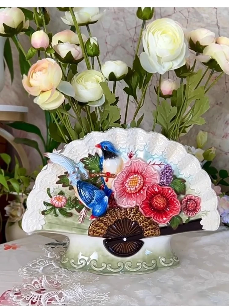 pastoral Magpie fan ceramic vase lace decoration room hydroponic