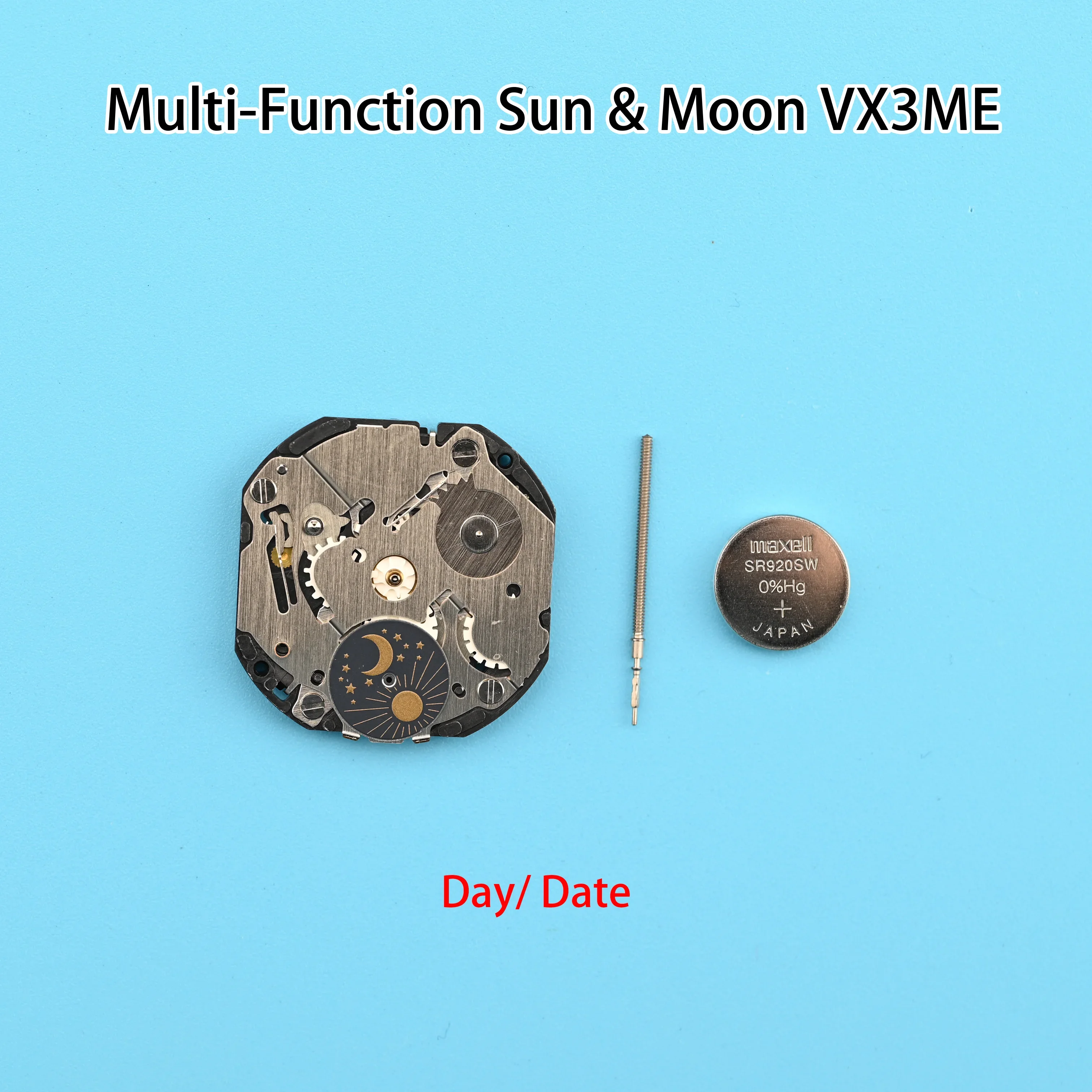 VX3M Movement  VX3ME VX3 Series Quartz Movement  2.6.10 Seconds Size:10 1/2''' 6 Hands Day / Date Sun & Moon