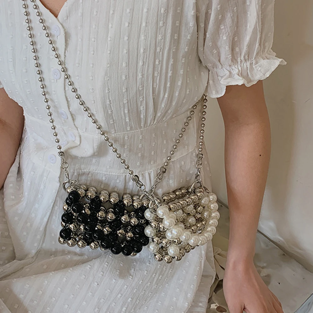 Luxury Beaded Pearls Handbags Mini Beading Party Evening Bags for Women Hollow Woven Shoulder Crossbody Bag Wedding Purse