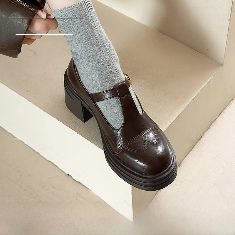 

Женские осенние туфли Мэри Джейн в стиле ретро на тонком каблуке с Т-образным ремешком, новые осенние туфли Мэри Джейн с круглой головкой Single oes Briti Sle Thi Bot Leather oes