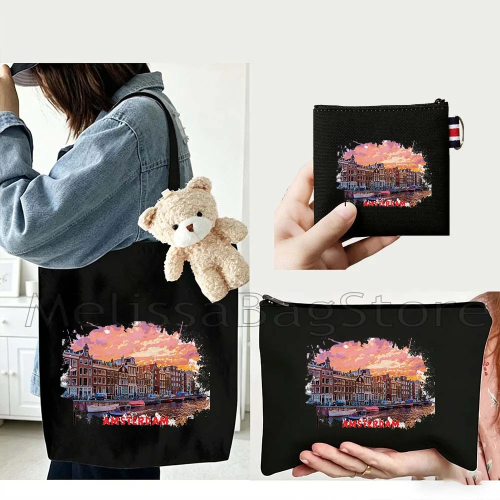 

4PCS Gift Set Amsterdam Netherlands Black Canvas Tote Bag Handbag with Doll Key Coin Purse Cosmetic Makeup Toilet Bag Case Pouch