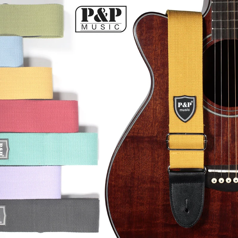 Adjustable Serviceable Pure Cotton Colorful Acoustic Guitar Strap with Leather Head 7 Colors Optional