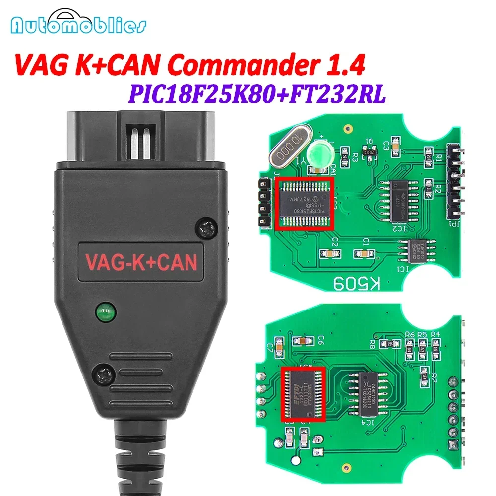 VAG K+CAN Commander 1.4 OBD2 Diagnostic Tools With FT232RL PIC18F25K80 Chip OBD 2 OBDII Scanner Cable For VW For AUDI For Skoda