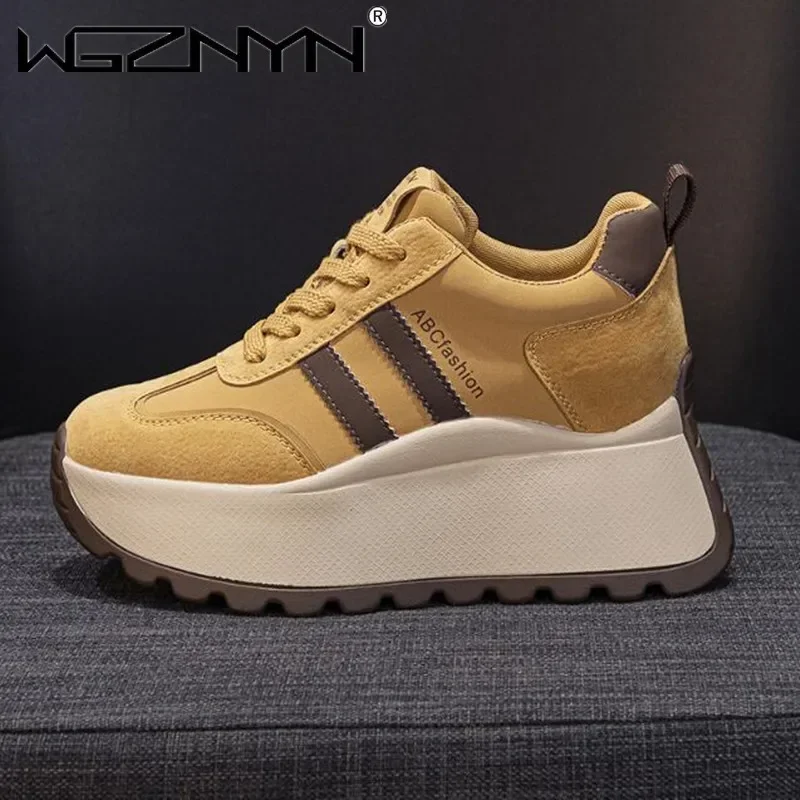 

Новые нескользящие женские повседневные спортивные туфли на танкетке 8 см на толстой подошве, модные уличные походные женские кроссовки на шнуровке с круглым носком