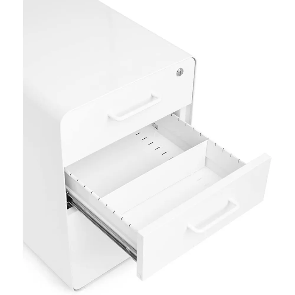3-Drawer Rolling File Cabinet - White. 2 Utility Drawers and 1 Hanging File Drawer. Two Locking and Two Non-Locking Wheels