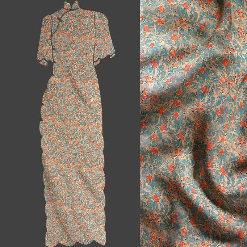 

Тонкое летнее платье-Ципао из вискозной ткани, маленькое красное платье серого и синего цвета с цветочным принтом, мягкая гладкая ткань шириной 145 см, 200 г/м, R461