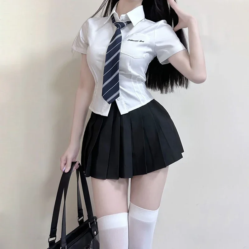 Jk Uniform Pure Desire Gyaru Preppy All-Match Waist Hugging Short sleeve Shirts Women Slim fit Slimming White Shirt Summer Set