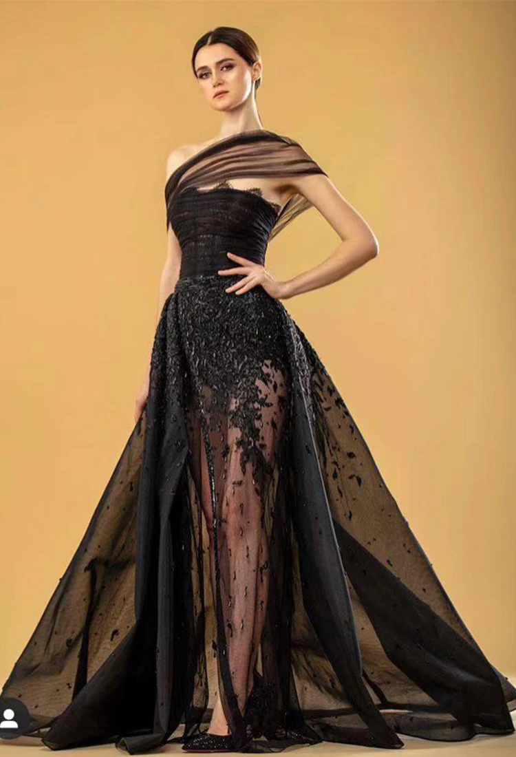 2134 Sexy Black Off The Shoulder Lace Appliques Skrit vestidos de noche vestidos de galaevening dresses فستان العيد