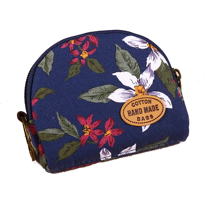 8pcs Coin Purses Canvas Flower Printing Half Moon Protable Ear Line  Storage Bag Mix Color