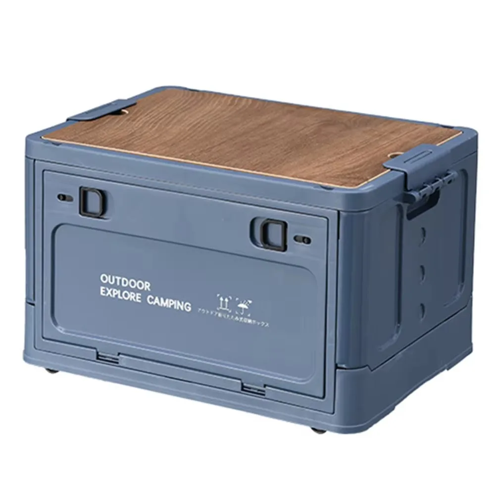 

Wooden Lid Collapsible Storage Bin Side Open Large Capacity Camping Storage Container Multifunctional with Handle