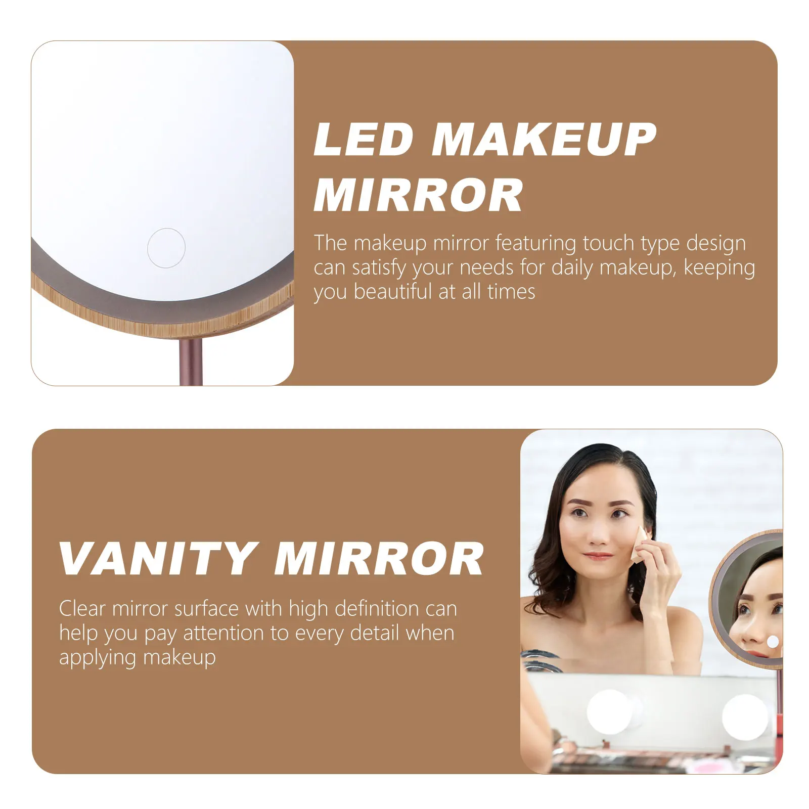

1pc Wooden Makeup 90° Swivel Smart Dimming Led Desktop Vanity Mirror High Definition Touch Control Tabletop Mirror For Daily